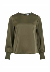 Olijfgroen satijnen blouse met lange pofmouwen en gerimpelde manchetten, ronde halslijn en knoopsluiting aan de achterkant.