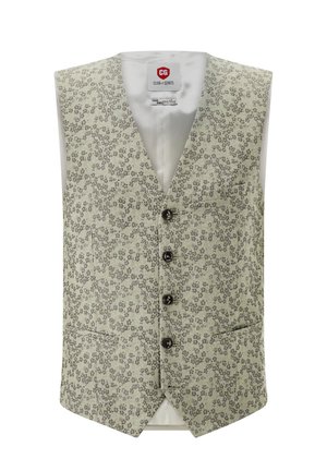 Cremefarbene Weste mit kleinem grauem Blumenmuster, vier schwarzen Knöpfen und zwei vorderen Taschen, mit dem Etikett "Club of Gents".