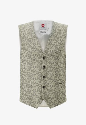 Cream waistcoat with small gray floral pattern, four black buttons, and two front pockets, labeled "Club of Gents."