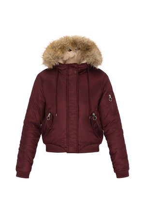 Jachetă puffer scurtă burgundă cu glugă de blană bej detașabilă, buzunare frontale cu fermoar și manșete și tiv cu re bordare. Țesătur�ă exterioară netedă.