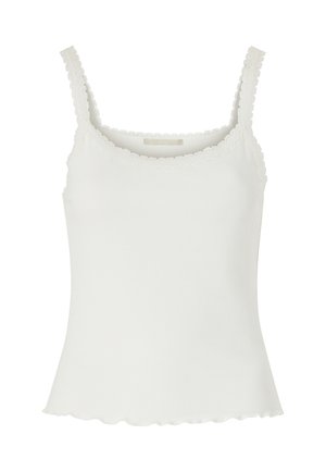 Top blanco de tirantes con bordes ondulados y tirantes ajustables, fabricado con una tela suave y elástica. Silueta simple y ajustada.