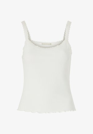 Top in cotone bianco a coste con bordi a scallop e spalline regolabili, realizzato in un tessuto morbido e elasticizzato. Silhouette semplice e aderente.