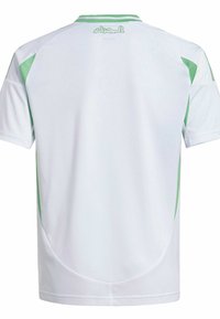 Witte sporttrui met groene accenten, korte mouwen en een kraag. Voorzien van een gestructureerde stof en een gebogen zoom aan de achterkant.