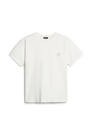Crème-kleurige katoenen t-shirt met korte mouwen, ronde halslijn en een klein geborduurd logo op de linkerborst. Glide textuur.