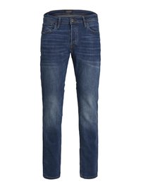 Jeanși din denim de culoare albastru închis, cu un design slim fit, având cinci buzunare, uzură subtilă și închidere cu nasture și fermoar standard.