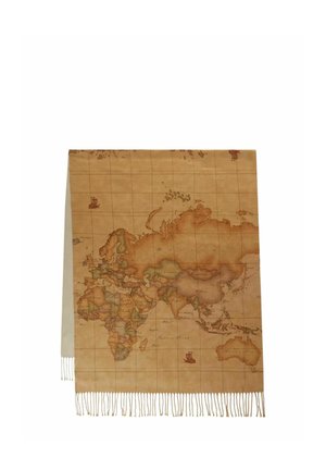 Pañuelo con estampado vintage de mapa mundial que muestra continentes, países y líneas de cuadrícula en tonos marrones, con bordes con flecos en la parte inferior.
