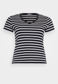 T-shirt a maniche corte a righe navy e bianche con scollo a V, realizzata in tessuto morbido ed elastico. Piccolo logo sul petto. Taglio classico.