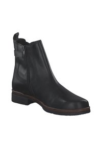 Bottine noire en cuir avec une finition lisse, fermeture éclair sur le côté, accents élastiques et semelle en caoutchouc durable. Couture légère le long du bord.