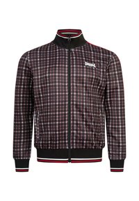 Czarna i czerwona kurtka w kratkę z zamkiem z przodu, stójką, elastycznymi mankietami i dołem. Posiada logo na lewej piersi i paskowane akcenty.