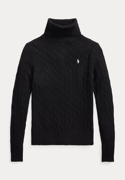 Maglione dolcevita nero a trecce con maniche lunghe e piccolo logo bianco ricamato sul petto sinistro.