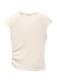 T-shirt a maniche corte di colore crema con tessuto testurizzato e dettaglio arricciato su un lato. Collo rotondo e vestibilità rilassata.
