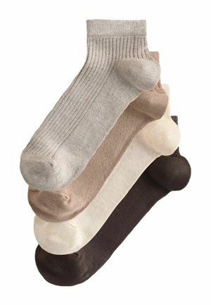 Four pairs of ribbed ankle socks stacked, in gray, beige, cream, and dark brown colors.