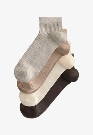 Four pairs of ribbed ankle socks stacked, in gray, beige, cream, and dark brown colors.
