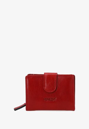 Red leather wallet with a smooth texture, featuring a front flap with a circular snap closure and embossed logo. Compact design with a side zipper.