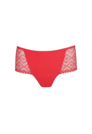 Slip da donna rossi con pannelli anteriori e posteriori solidi, caratterizzati da pannelli laterali in pizzo con motivi geometrici a diamante e bordi smerlati.