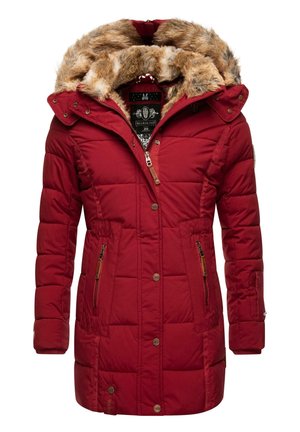 Red padded parka jacket with a faux fur-lined hood, zip and button closure, two zippered pockets, and ribbed cuffs. Textured and warm design.