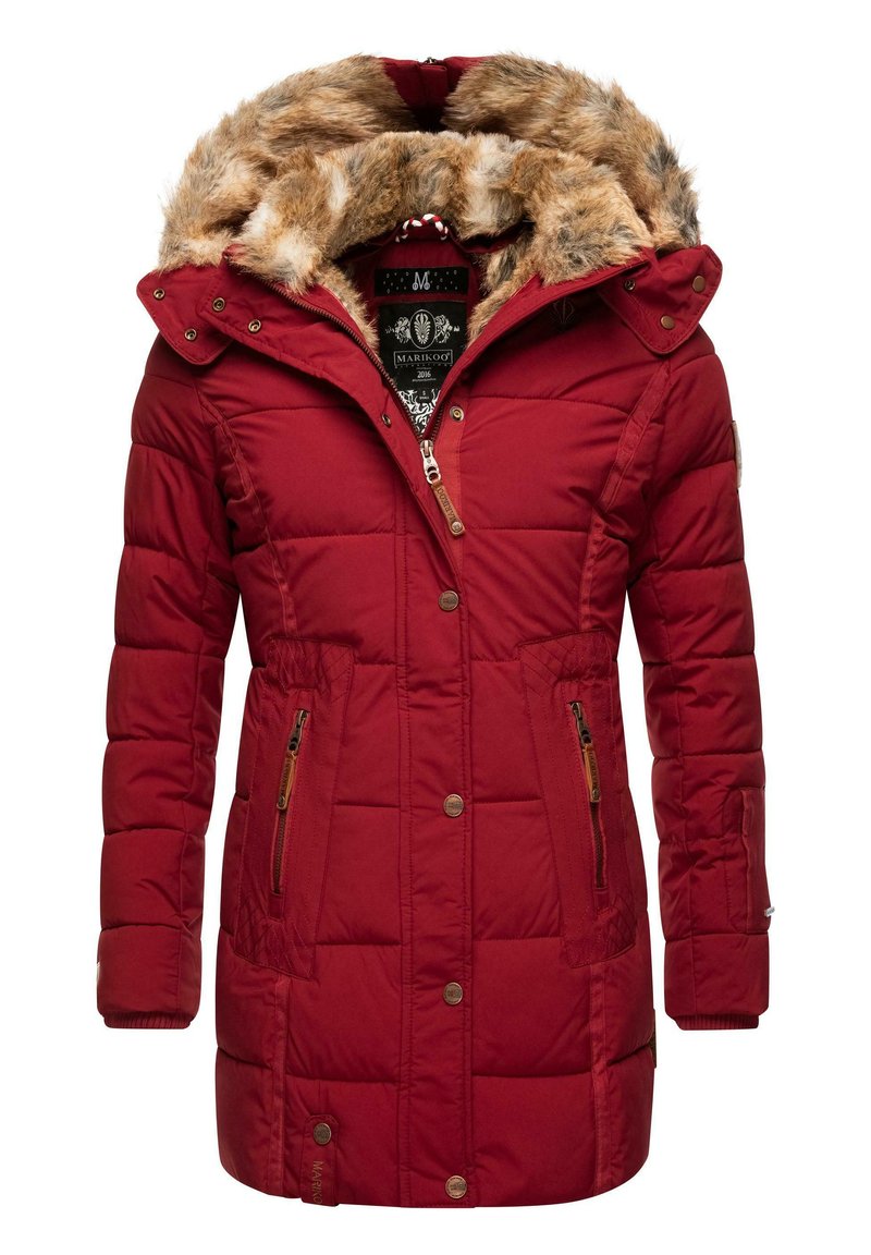 Red padded parka jacket with a faux fur-lined hood, zip and button closure, two zippered pockets, and ribbed cuffs. Textured and warm design.