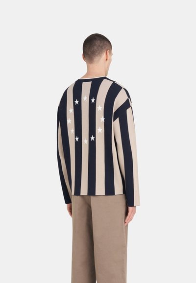 Homme portant un pull à manches longues avec des rayures verticales beiges et noires et un cercle d'étoiles blanches dans le dos, associé à un pantalon beige.