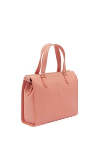 Roze leren handtas met dubbele handvatten, gestructureerde rechthoekige vorm, ritssluiting en subtiele stikdetails.