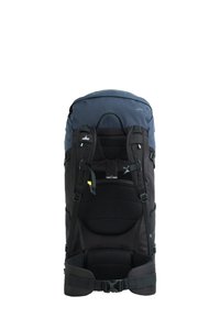 Zwarte en donkerblauwe wandelrugzak met verstelbare banden, een gevoerde rugsteun en een handvat aan de bovenkant. Beschikt over gespen en een mesh zak.