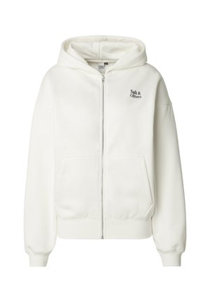 Felpa bianca con zip, realizzata in tessuto morbido, con tasca a marsupio e cappuccio. Logo "Salt & Olives" ricamato in nero sul petto.