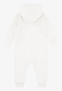 White infant onesie with a hood, long sleeves, and elastic cuffs. Smooth texture, no visible patterns or hardware details.