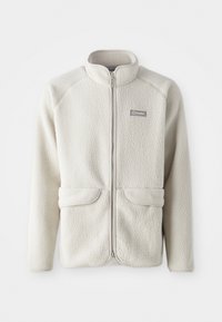 Fleec jakna u off-white boji s punim zatvaračem, raglan rukavima, dva prednja džepa i malim logotipom na lijevoj strani prsnog dela.