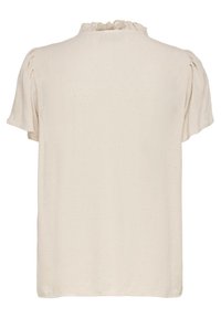 Blouse crème à manches courtes avec une texture subtilement ponctuée, col à volants et manches légèrement bouffantes, vue de dos.