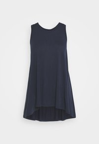 Haut sans manches bleu marine en tissu léger, présentant une encolure ronde et une silhouette en A avec un ourlet arrière plus long.