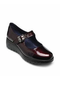 Zapatos Mary Jane de charol burdeos con punta redonda, correa ajustable con hebilla y suela de goma texturizada; el interior presenta un forro azul.