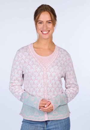 Light pink cardigan with white floral pattern, featuring a deep V-neck, buttons down the front, and turquoise accents at the cuffs.