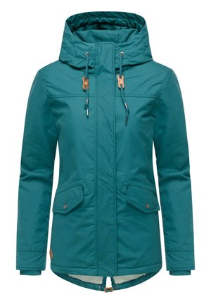Teal jacket featuring a hood, drawstring, two front flap pockets, and a soft lining at the bottom hem. Made from a smooth fabric.