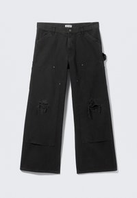 Pantalon cargo noir à jambes larges avec une taille haute, doté de grandes poches avant et de zones usées. Fabriqué en coton durable.