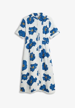 Vestito midi bianco con maniche corte, stampa floreale blu, chiusura con bottoni sul davanti e piccolo colletto alla coreana.
