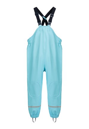 Hellblaue wasserdichte Kinder-Overalls mit schwarzen verstellbaren Schulterriemen und elastischen Knöchelabschlüssen.