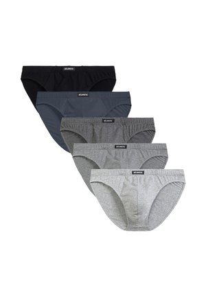 Pięć męskich majtek w kolorach: czarnym, granatowym, ciemnoszarym, średnioszarym i jasnoszarym, każdy z etykietą "ATLANTIC" na gumce.