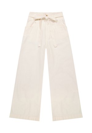 Kremfargede vidtgående bukser med høy midje, sidelommer, beltestropper og knyttet stoffbelte foran.
