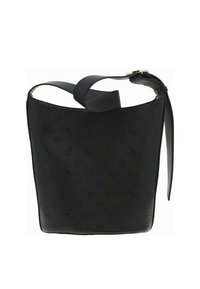 Borsa tote in pelle nera con superficie testurizzata, caratterizzata da loghi in rilievo, una parte superiore arrotondata e una lunga tracolla regolabile.