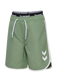 Grüne Sportshorts mit weißen Seitenstreifen, elastischem Bund mit weißen Kordeln und weißem Chevron-Logo am linken Bein.