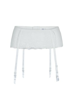 Witte kanten suspendergordel van een textuurstof, met verstelbare satijnen bandjes en een gekartelde kanten rand langs de onderrand.