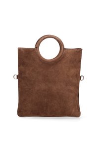 Sac fourre-tout en daim marron avec une poignée circulaire, de forme rectangulaire, présentant des coutures visibles et une texture douce. Comprend une quincaillerie en boucle sur le côté.