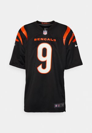 Maillot noir des Cincinnati Bengals NFL avec des bandes orange, numéro 9 à l'avant, logo Nike sur les manches et écusson NFL sous le col.