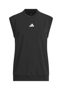 Černý sportovní top bez rukávů s kulatým výstřihem, vyrobený z hladké tkaniny. Na hrudi se nachází bílé logo Adidas a lem je žebrovaný.