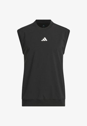 Musta hihaton urheilu toppi, jossa on pyöristetty kaula-aukko, valmistettu sileästä kankaasta. Sisältää valkoisen Adidas-logon rinnassa ja ribbitetyn helman.