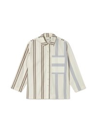 Gestreiftes Hemd in Creme, Braun und Blau. Verfügt über eine aufgesetzte Tasche und verschiedene Streifenbreiten. Lange Ärmel mit Kragen.