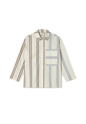 Gestreiftes Hemd in Creme, Braun und Blau. Verfügt über eine aufgesetzte Tasche und verschiedene Streifenbreiten. Lange Ärmel mit Kragen.