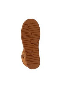 Sole in gomma marrone con texture scanalata e righe; presenta un design piatto e largo, adatto per calzature informali.
