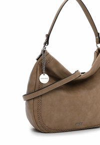 Tan leather handbag with braided detail along the edges, a silver hardware tag, and a single shoulder strap with a chain accent.