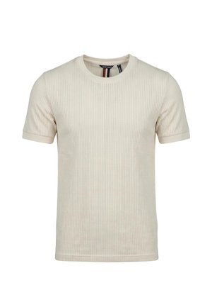 Maglietta beige a maniche corte in maglia con sottile trama a coste verticali e scollatura rotonda, taglia piccola, vista frontale.