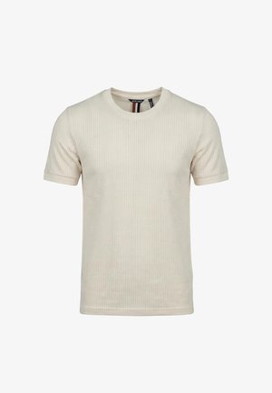 Maglietta beige a maniche corte in maglia con sottile trama a coste verticali e scollatura rotonda, taglia piccola, vista frontale.